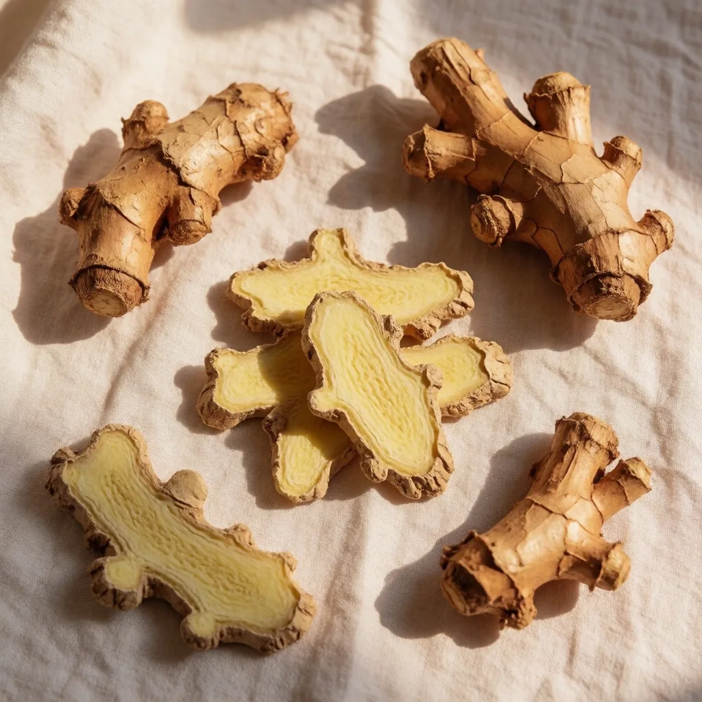 Dried ginger slices and galangal root on linen