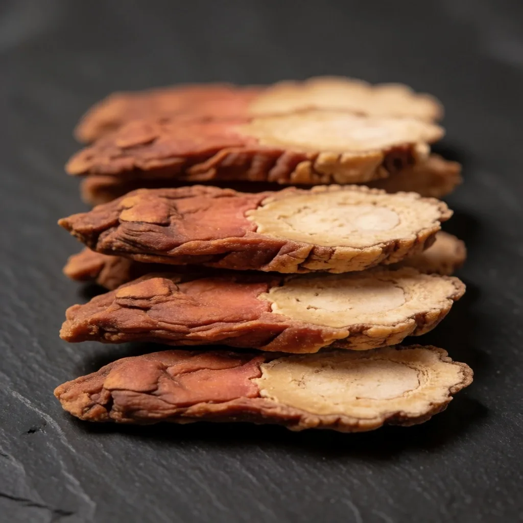 Dried ginseng root slices on stone