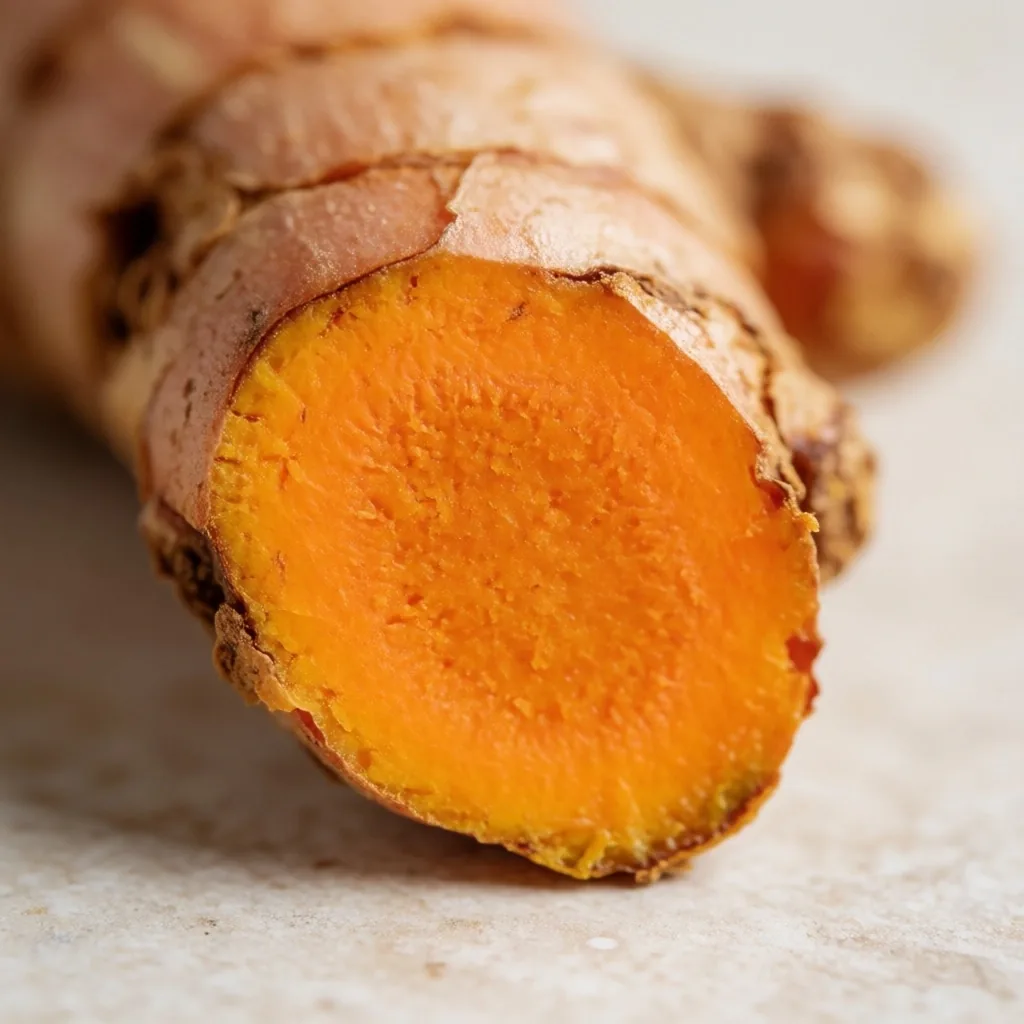 Fresh turmeric root cross-section on a stone surface