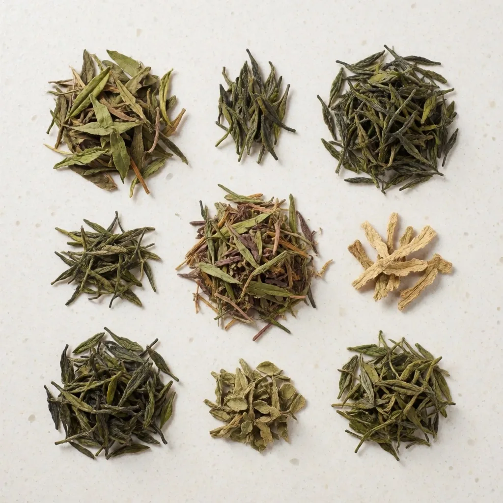 Green tea leaves arranged on parchment