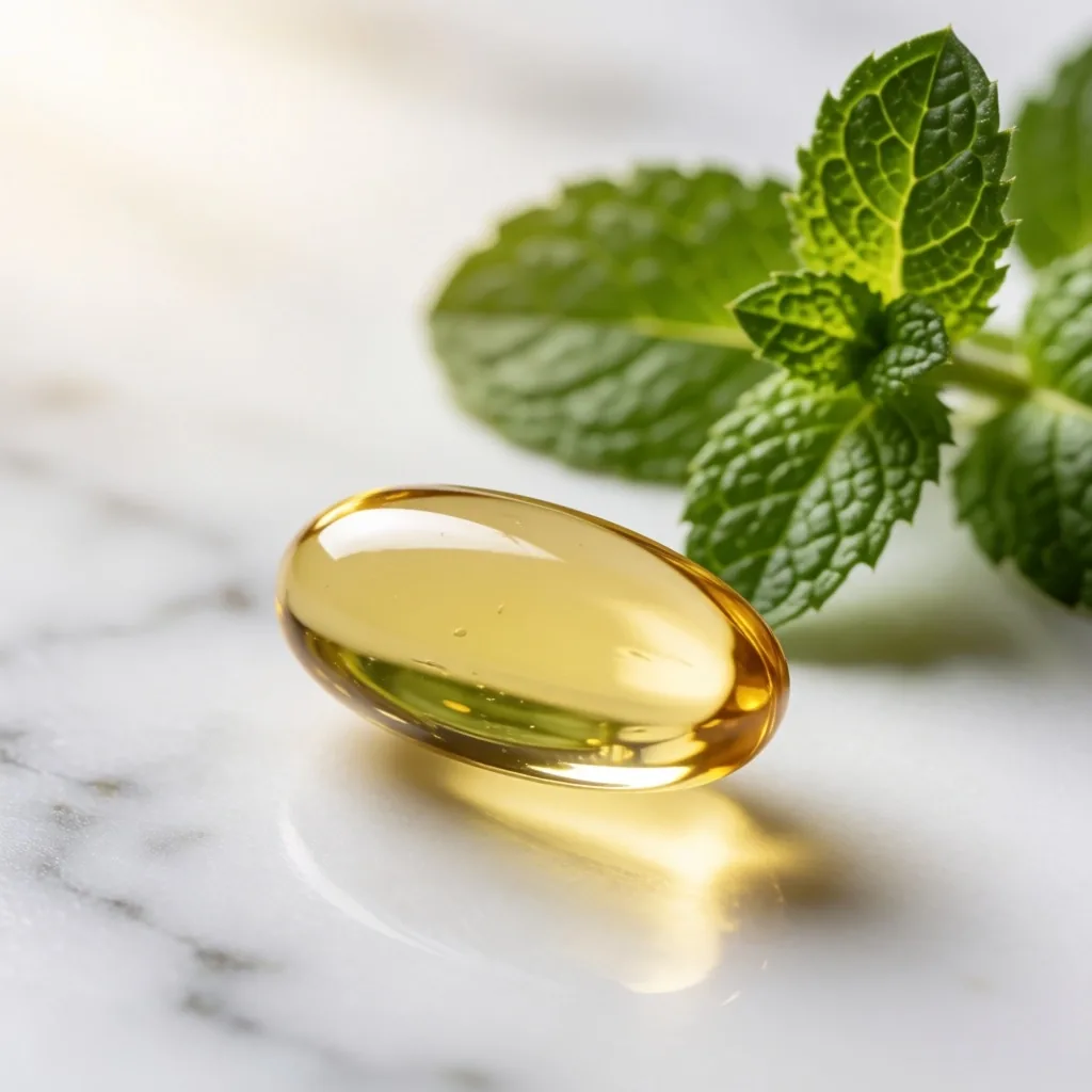 A botanical supplement capsule photographed in studio light on a stone surface