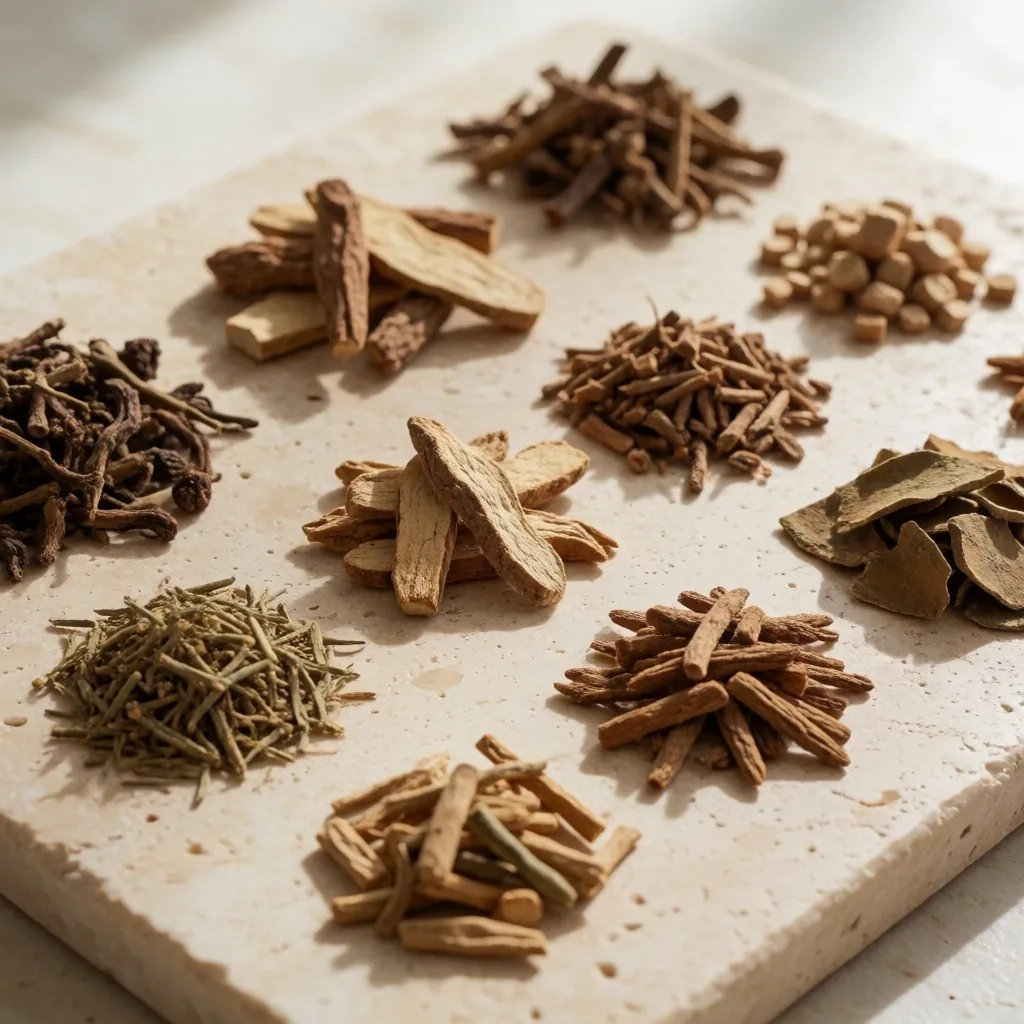 Dried botanical ingredients arranged on a stone surface