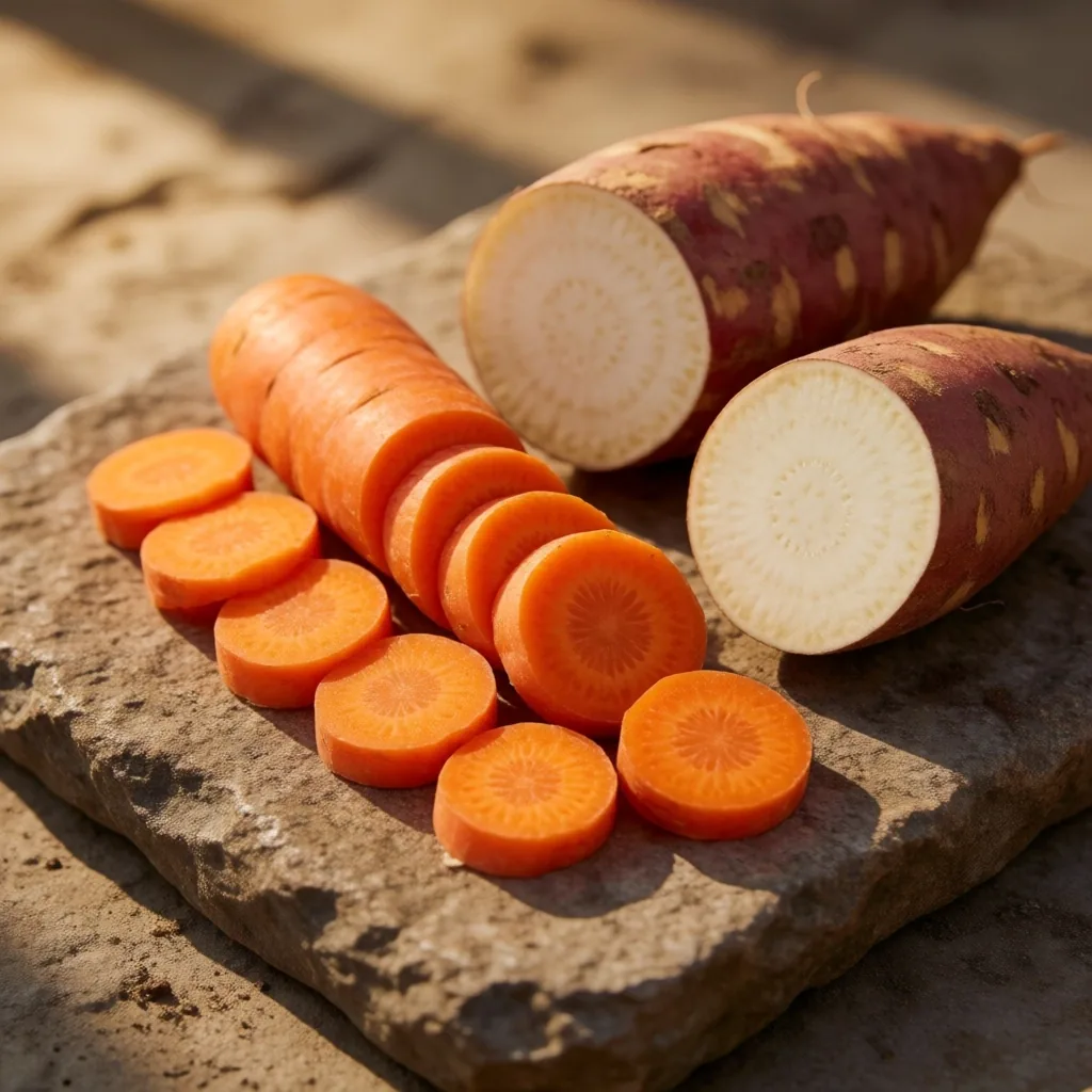 Carrots and sweet potato slices on stone, natural vitamin A sources