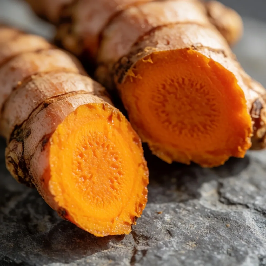 Fresh turmeric rhizome cross-section on stone, photographed as a botanical specimen