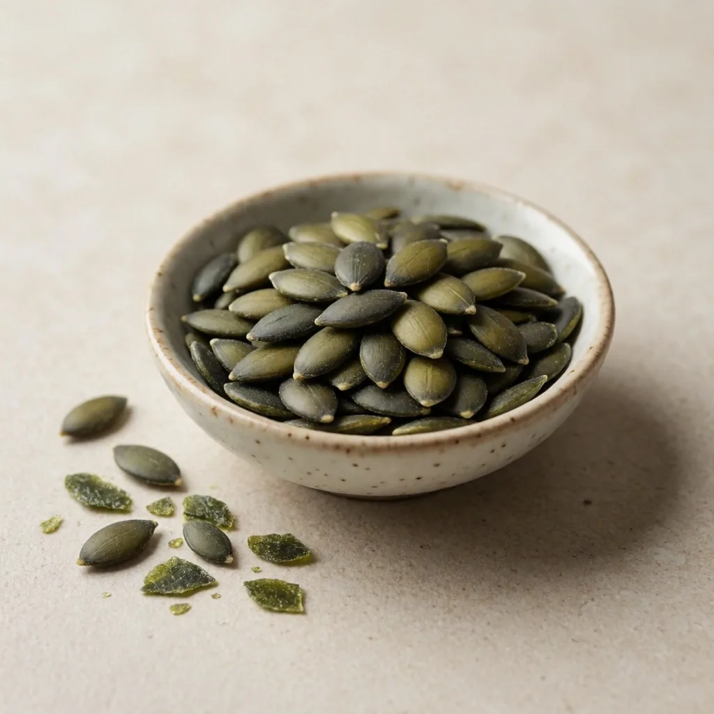 Magnesium-rich foods including pumpkin seeds and mineral salts on stone