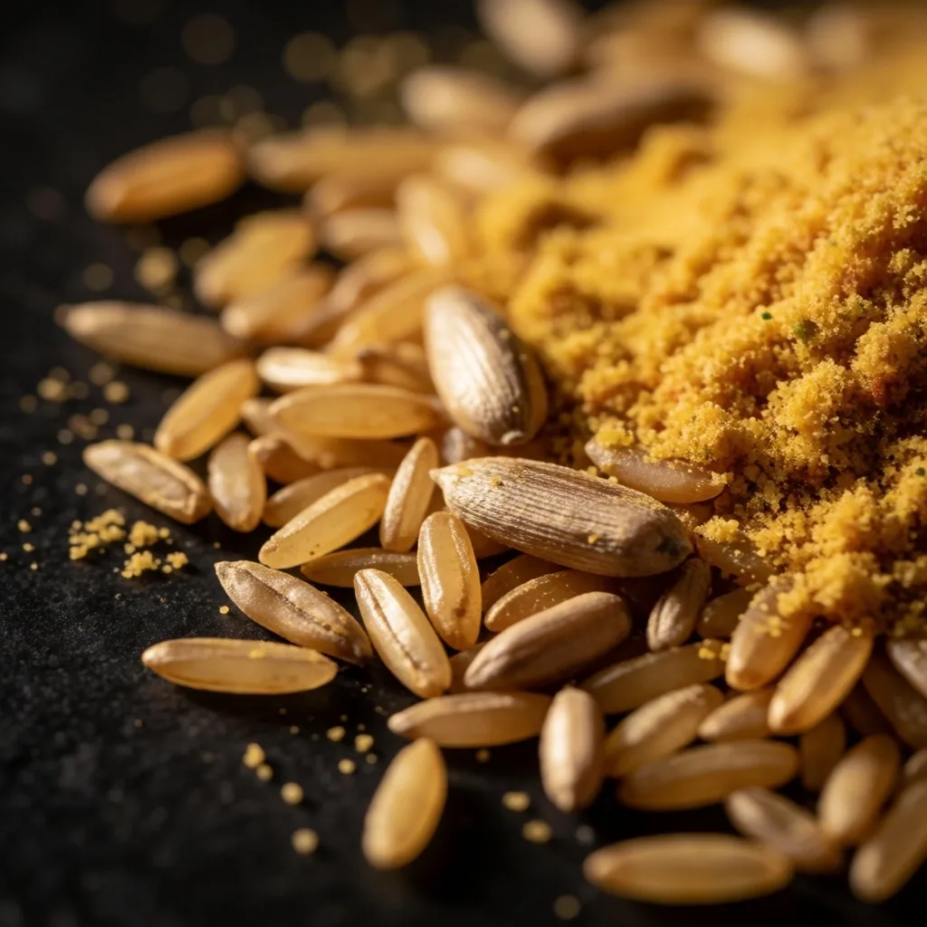 Whole grains and seeds representing B-vitamin food sources on dark slate