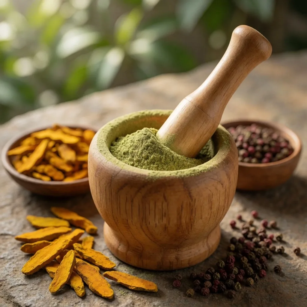 A wooden mortar and pestle with freshly ground herbal powder and scattered spices