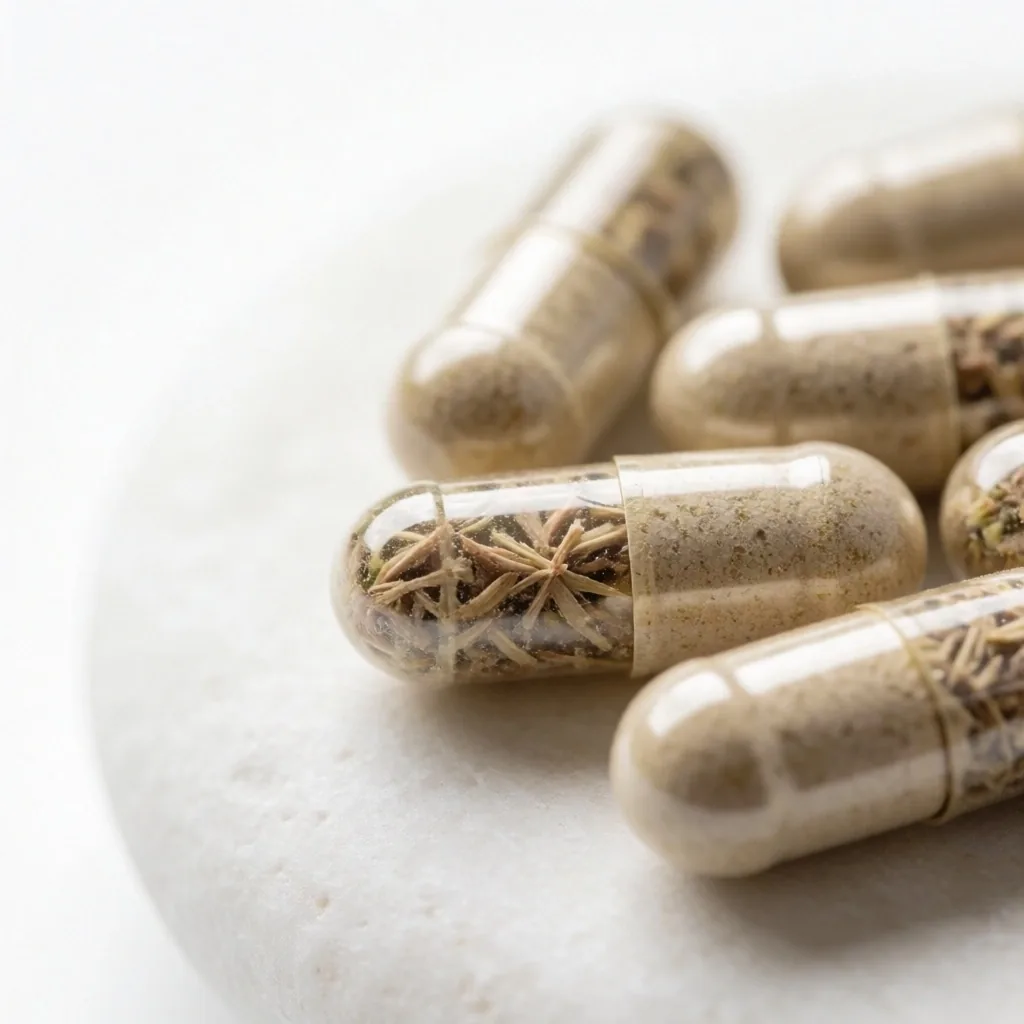 Clear vegetable cellulose capsules on white stone