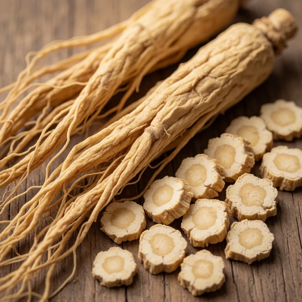 Dried ginseng root slices on pale parchment