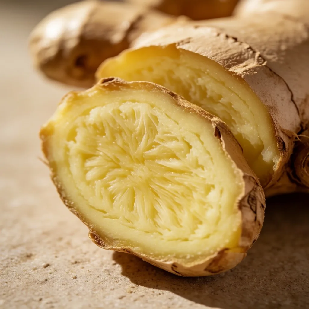 Fresh ginger root slice photographed as a botanical specimen on a pale stone surface