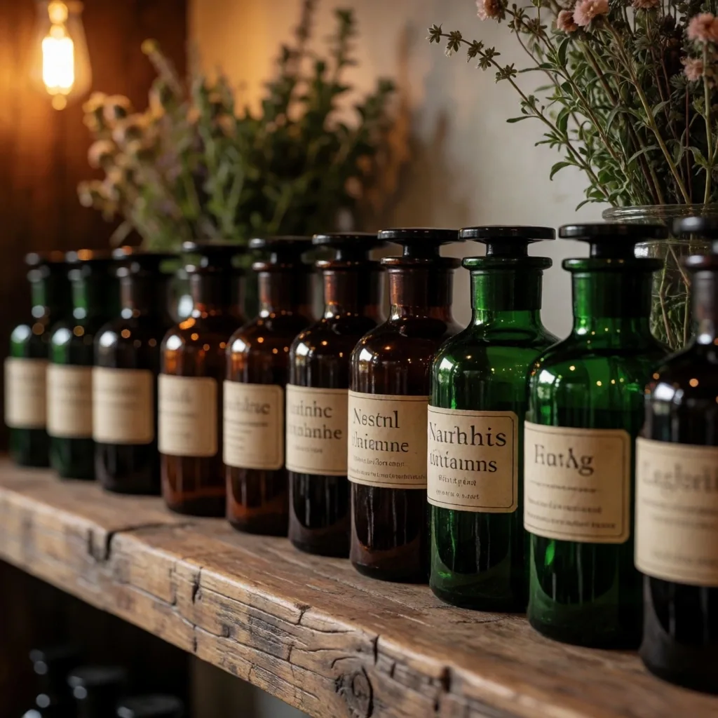 Glass bottles of herbal tinctures arranged on a dark wooden shelf