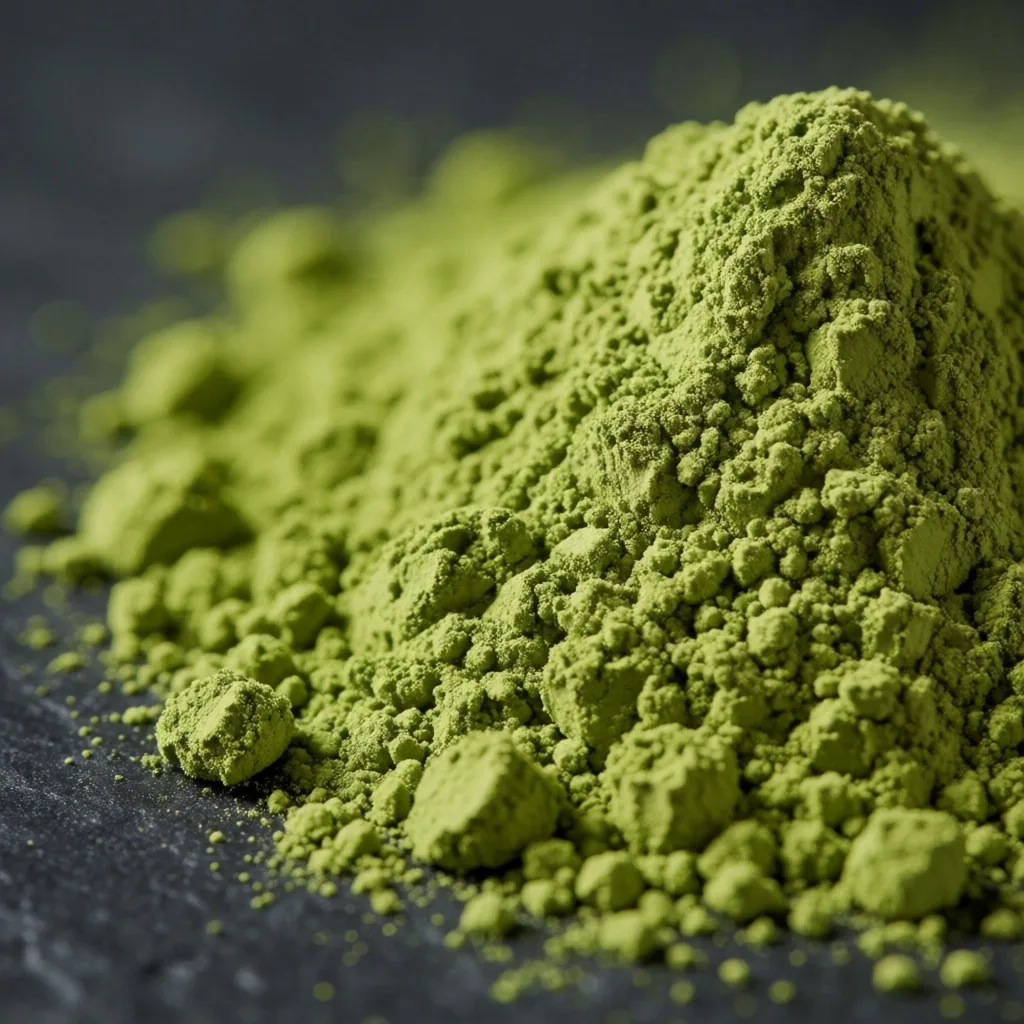 Green matcha powder on dark slate
