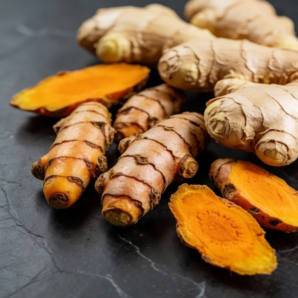 Raw turmeric roots on a stone surface