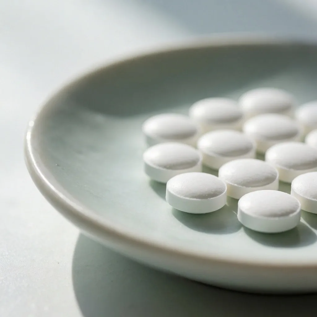 Zinc tablets on a pale porcelain dish