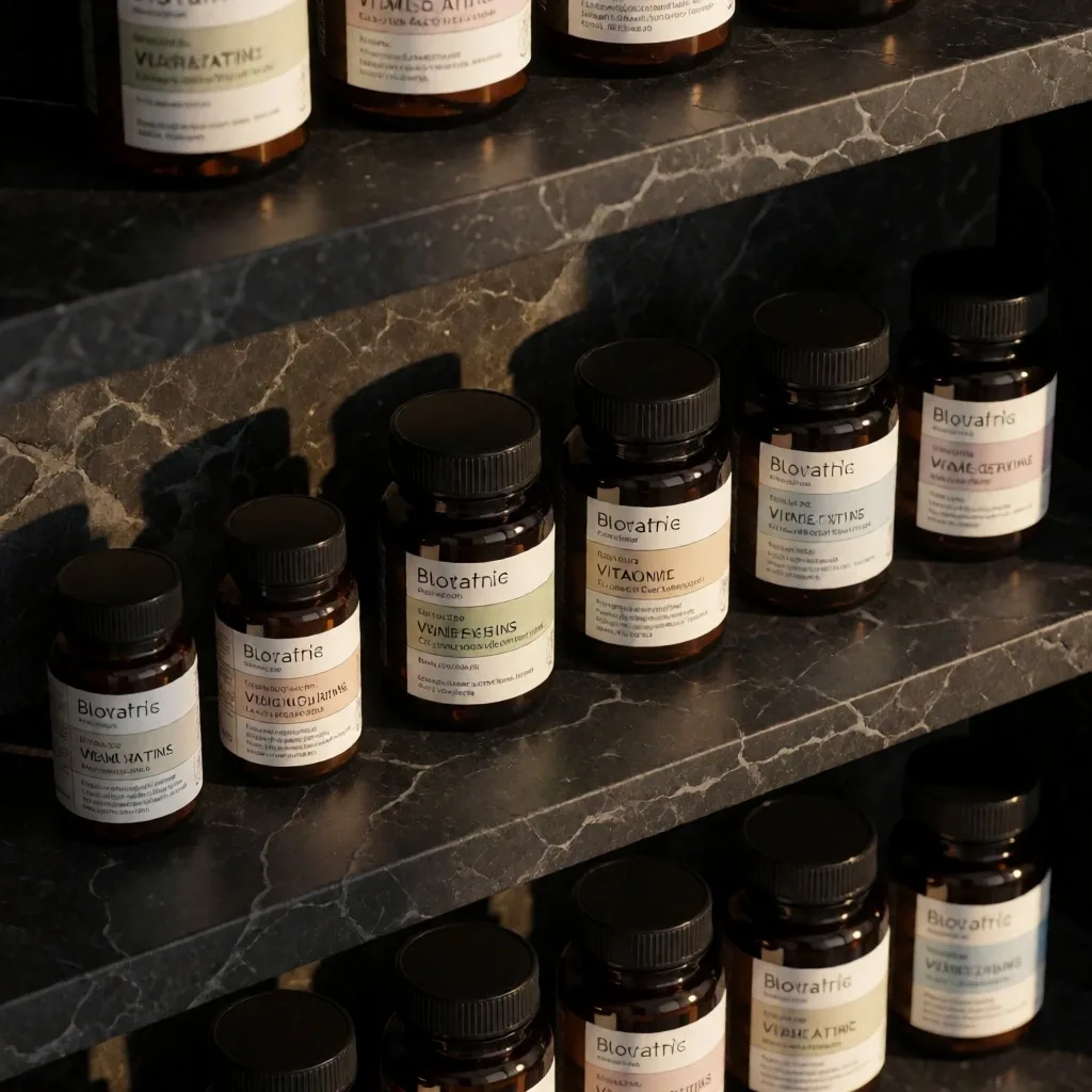 Archival shelves with botanical supplement bottles