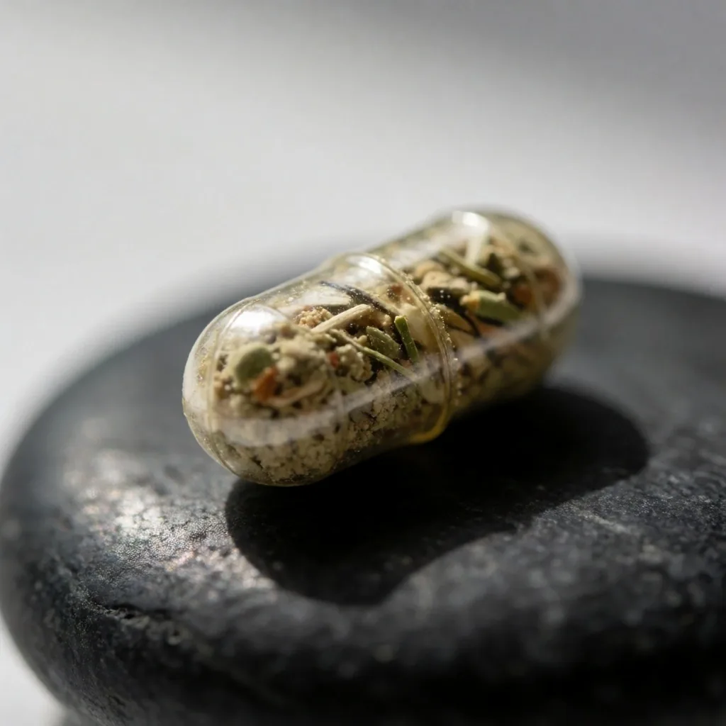 A single botanical capsule photographed under studio light