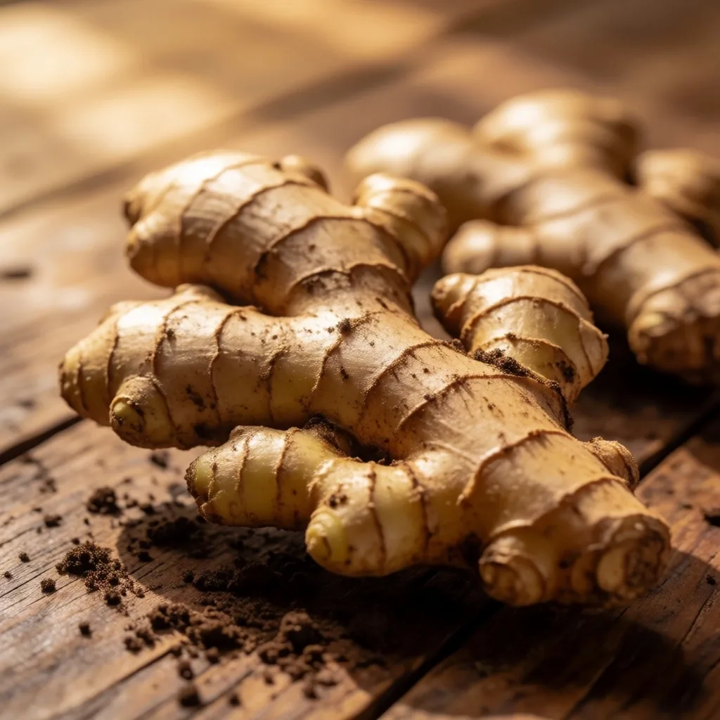 Freshly harvested ginger root on wood
