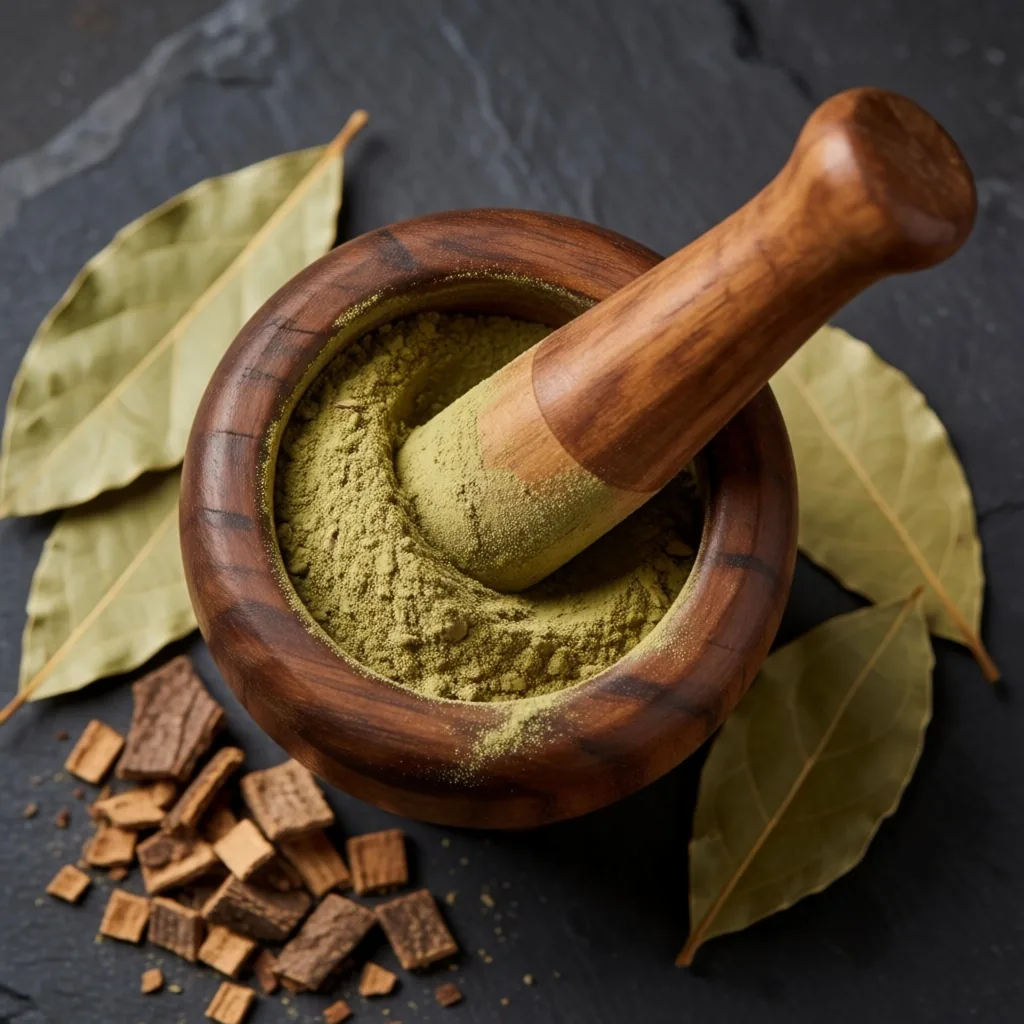 Ground herbal powder in a mortar