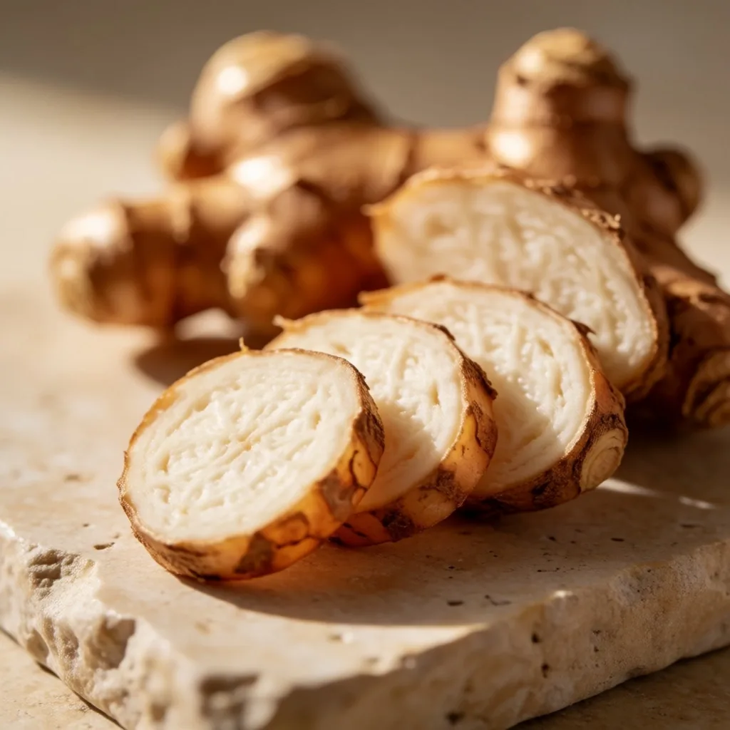 Fresh sliced galangal root on a stone surface