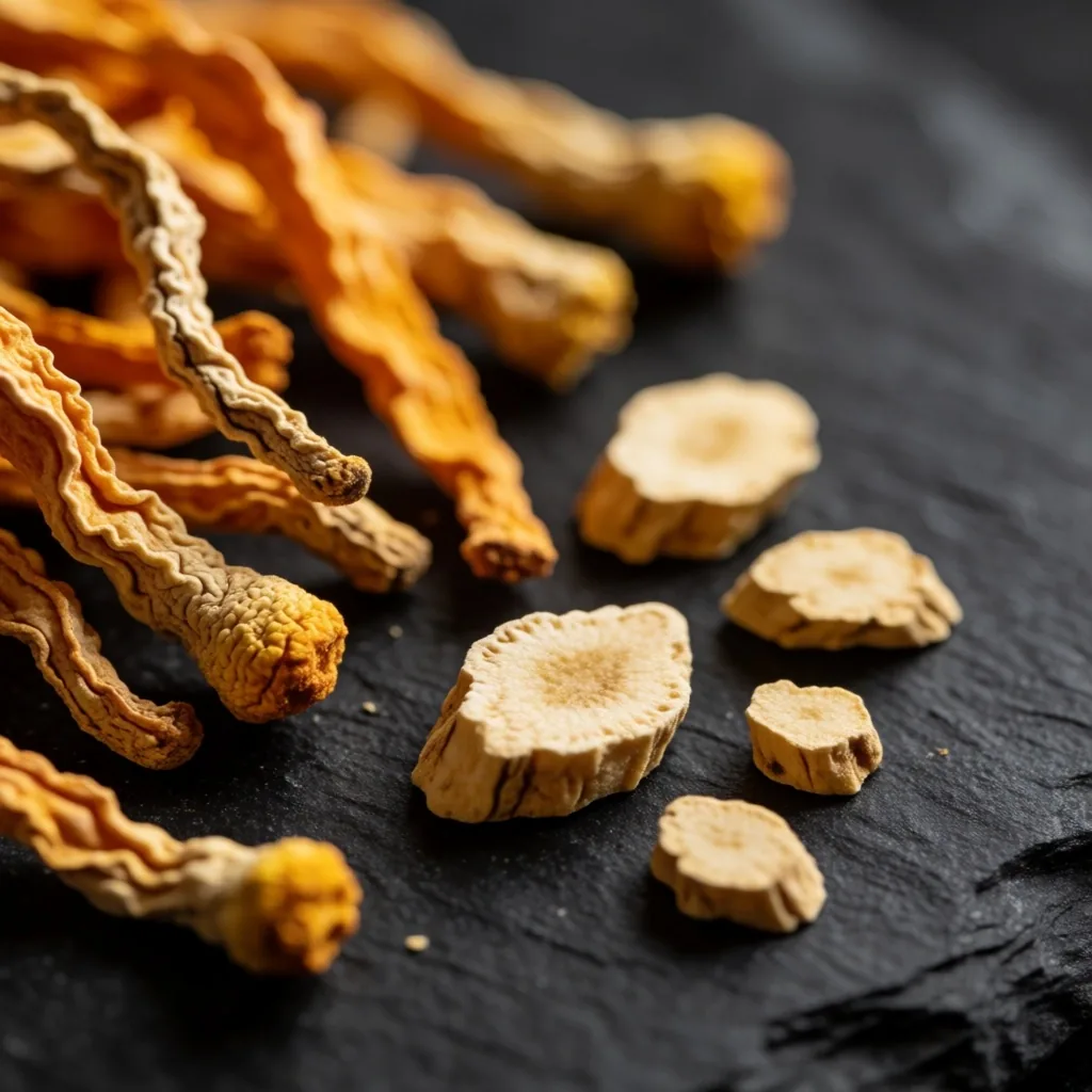 Cordyceps and maca root on stone