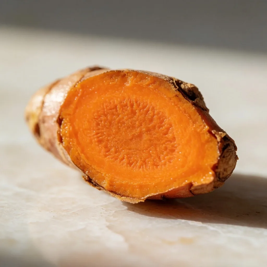 Fresh turmeric root cross-section on stone surface