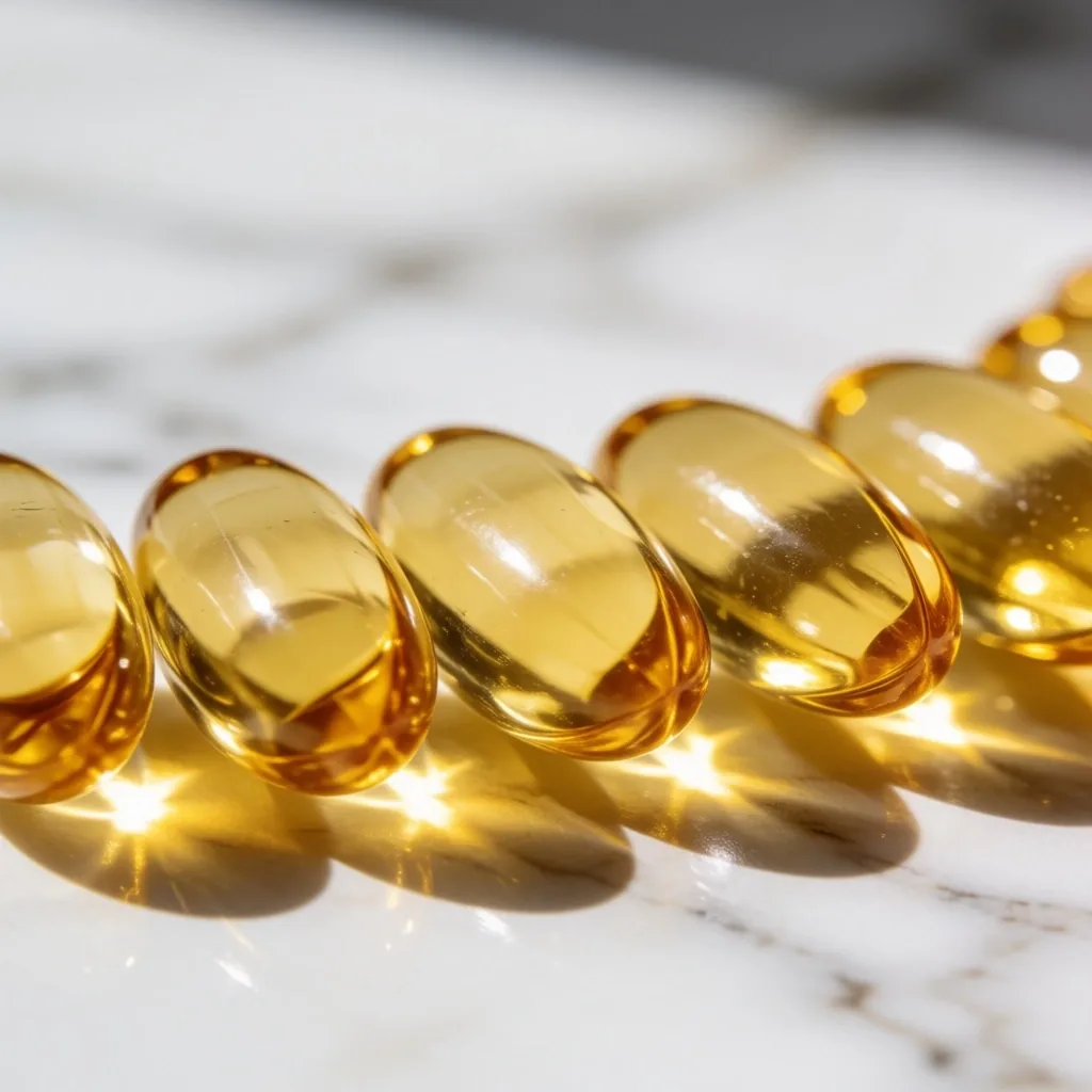 Golden omega-3 capsules on light surface