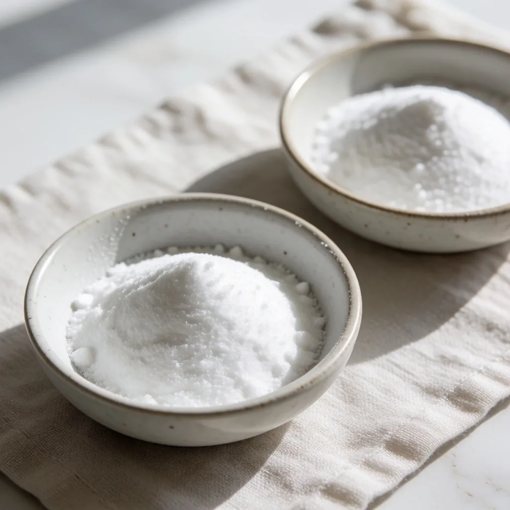 Amino acid powders in ceramic dishes, representing L-arginine and L-citrulline