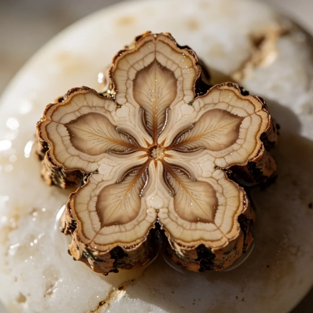 Cross-section of a ginseng root photographed on stone, illustrating natural botanical ingredients studied for men's vitality