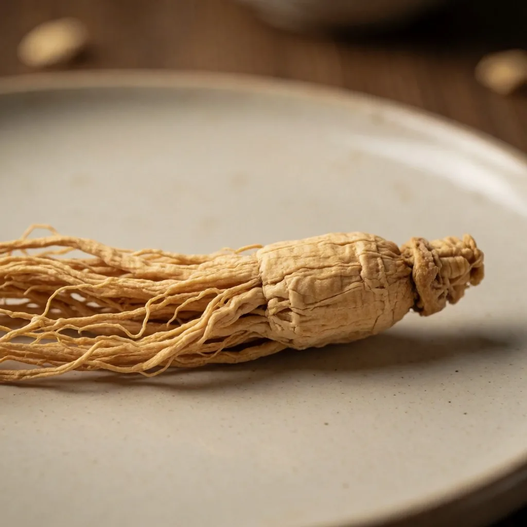 Whole ginseng root with branching tendrils on cream paper
